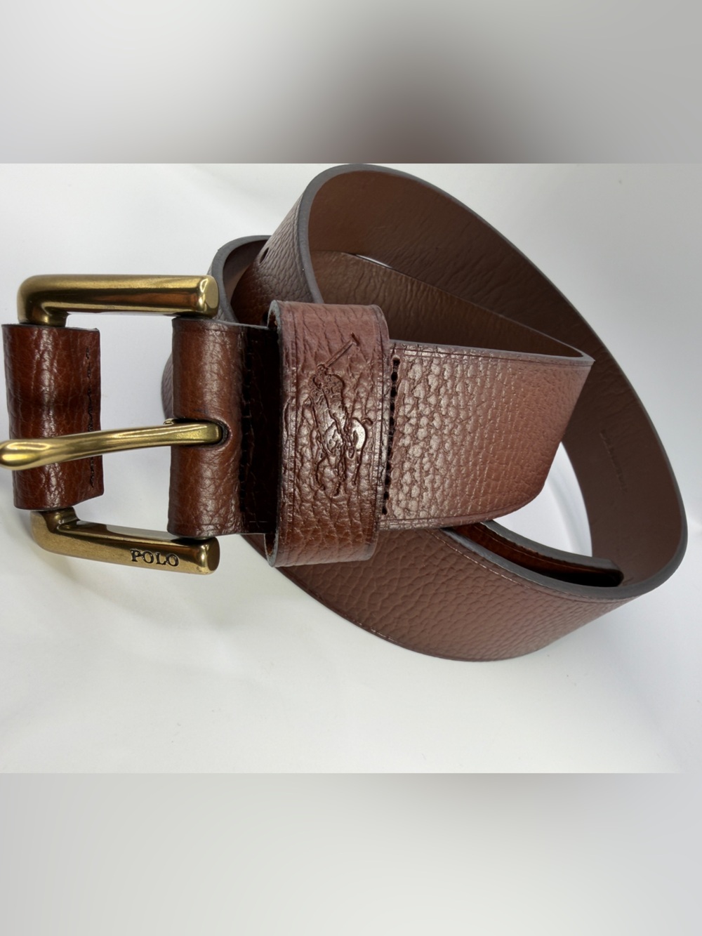 Polo Ralph Lauren Belt Brown Sz 36 Brass Buckle Dress Logo Big Pony Leather